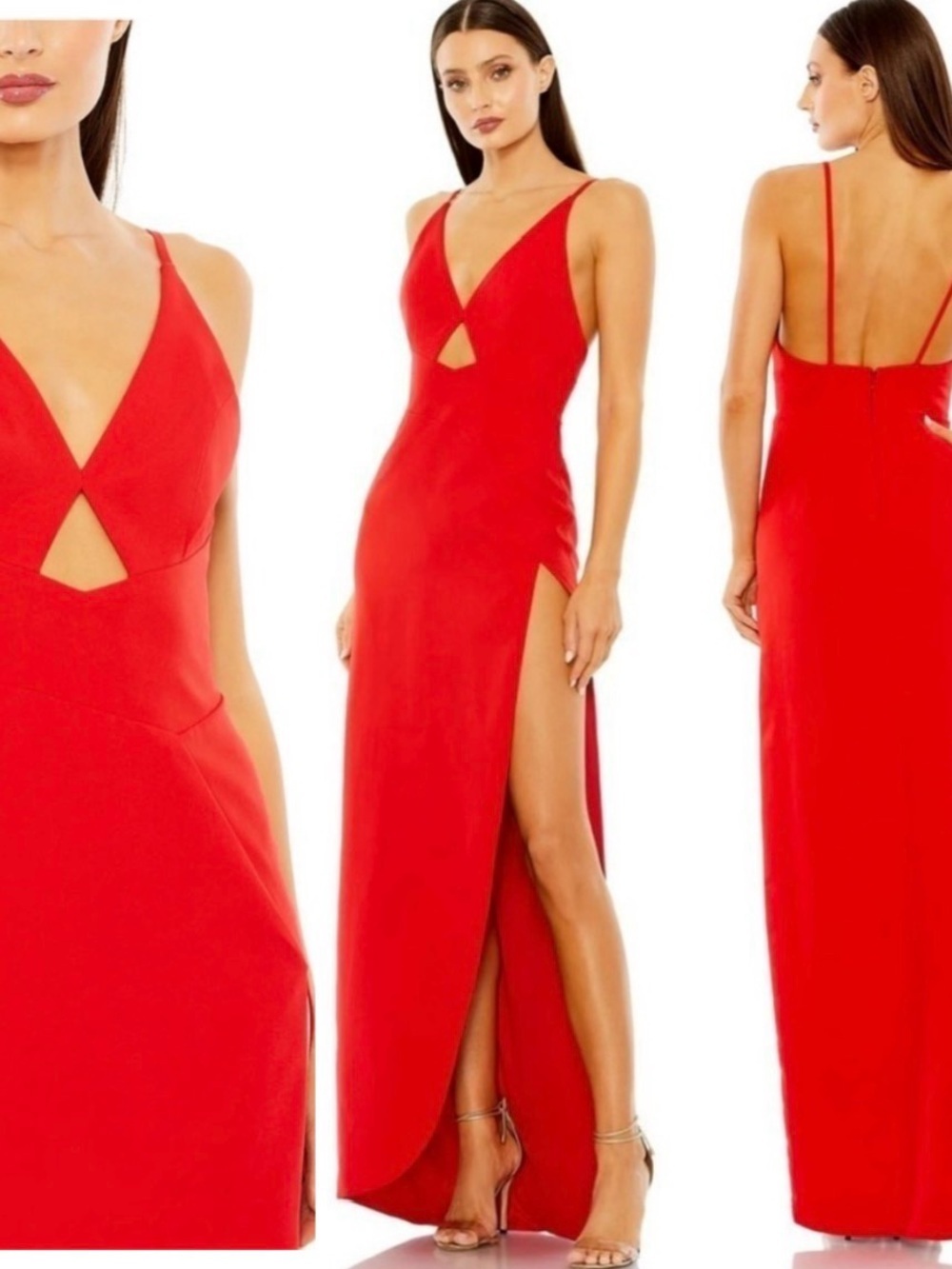 Mac Duggal Elegant Red Evening Gown cut out front high slit. Size 2